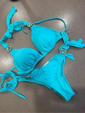 Moda Minx Turquoise Crystal Bikini Set | XL Top & M Bottom | Luxury Swimwear